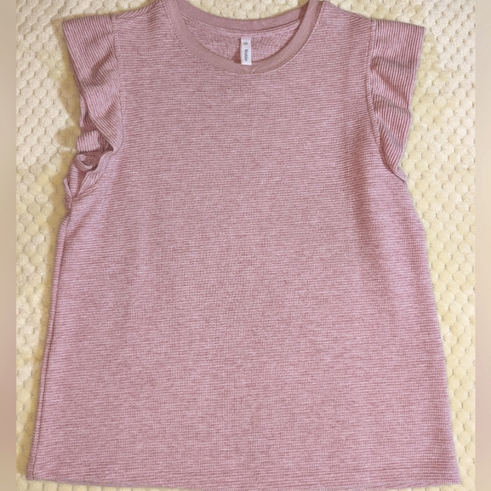 Waffle Knit Cap Ruffle Sleeve Rose Color Top